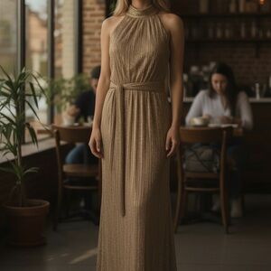 Halston Heritage Gold Metallic Halter Maxi Dress